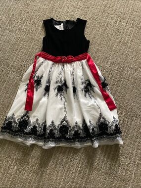 Bonnie Jean Black, White & Red Satin Sash Formal Dress